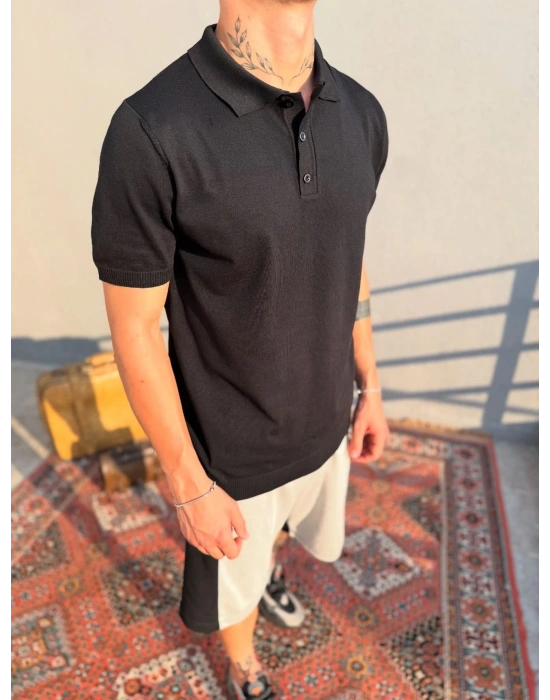 Siyah Düğmeli Polo Yaka Triko T-Shirt