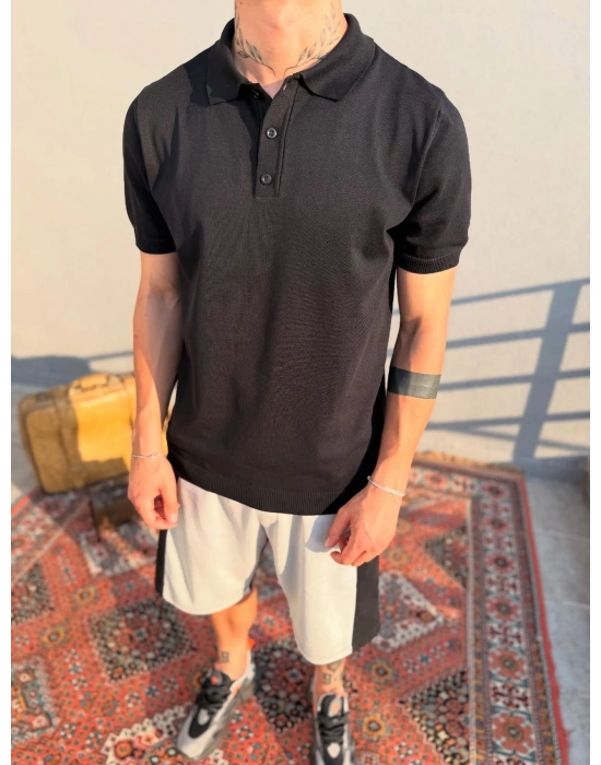Siyah Düğmeli Polo Yaka Triko T-Shirt