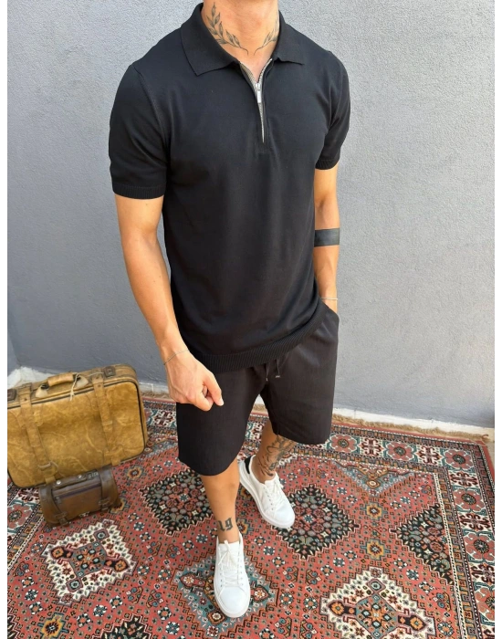 Siyah Fermuarlı Polo Yaka T-shirt