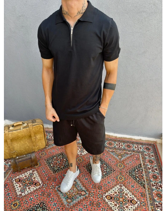 Siyah Fermuarlı Polo Yaka T-shirt