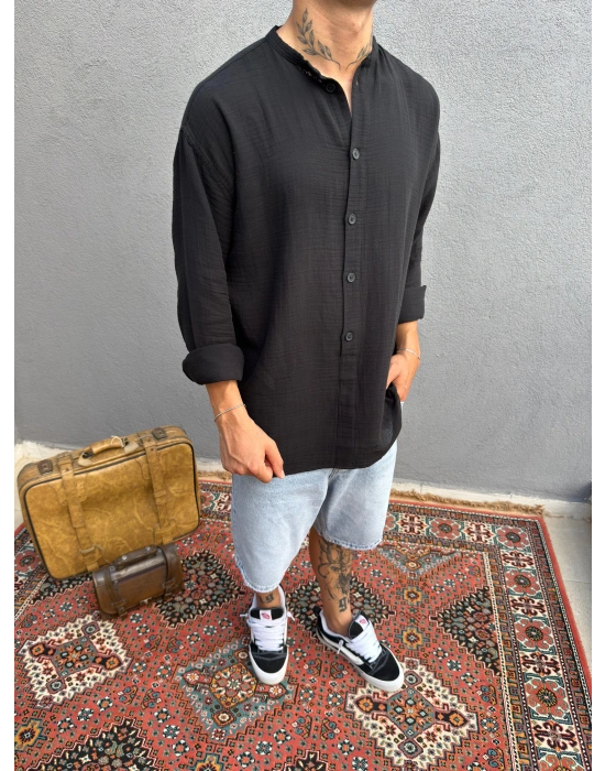 Siyah Hakim Yaka Yarım Oversize Keten Gömlek