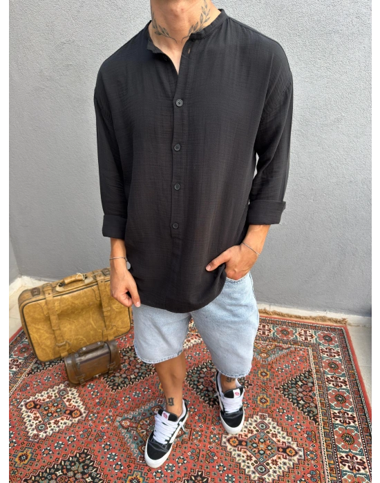 Siyah Hakim Yaka Yarım Oversize Keten Gömlek