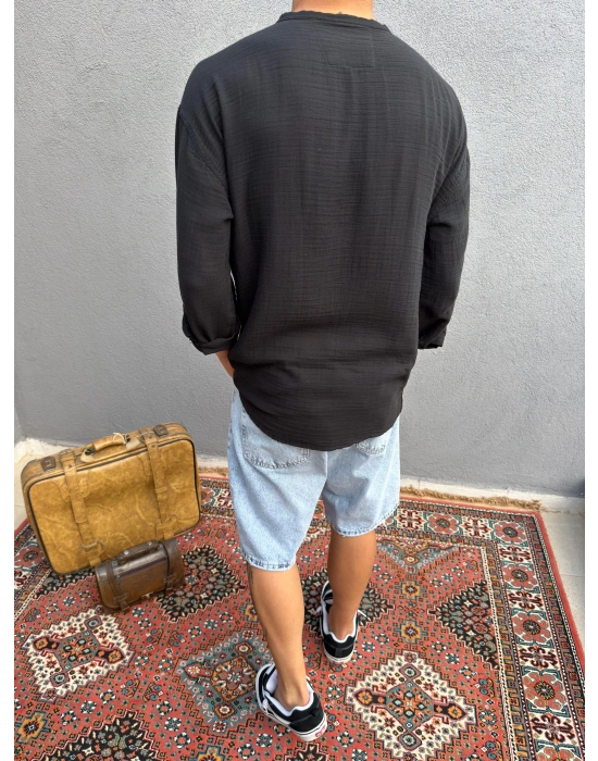 Siyah Hakim Yaka Yarım Oversize Keten Gömlek