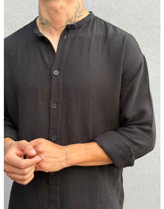 Siyah Hakim Yaka Yarım Oversize Keten Gömlek