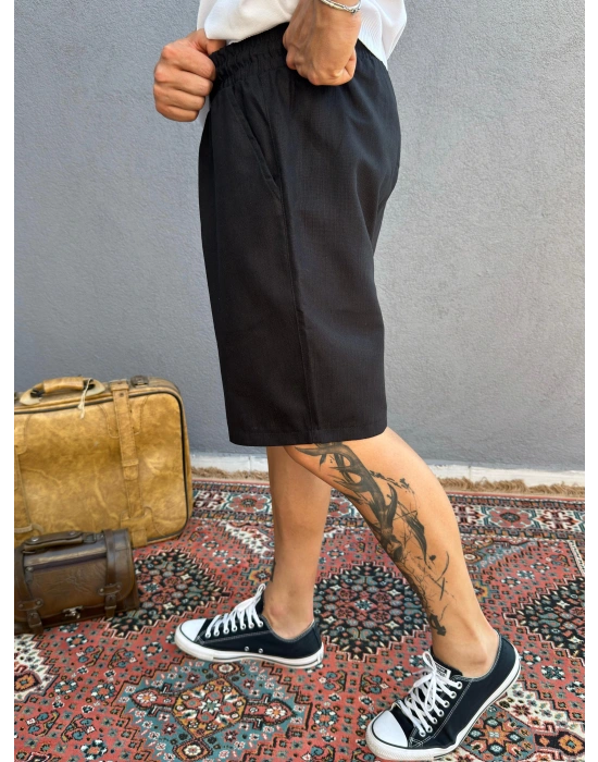 Siyah Keten Kumaş Şort