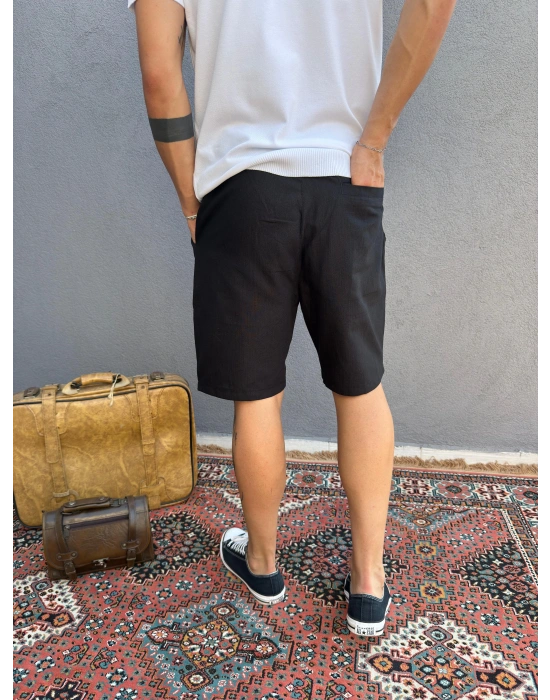 Siyah Keten Kumaş Şort