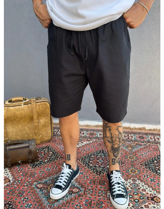 Siyah Keten Kumaş Şort