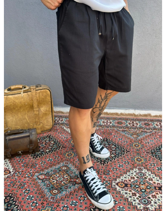 Siyah Keten Kumaş Şort