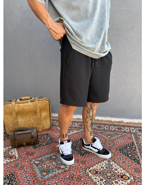 Siyah Ottoman Kumaş Oversize Şort