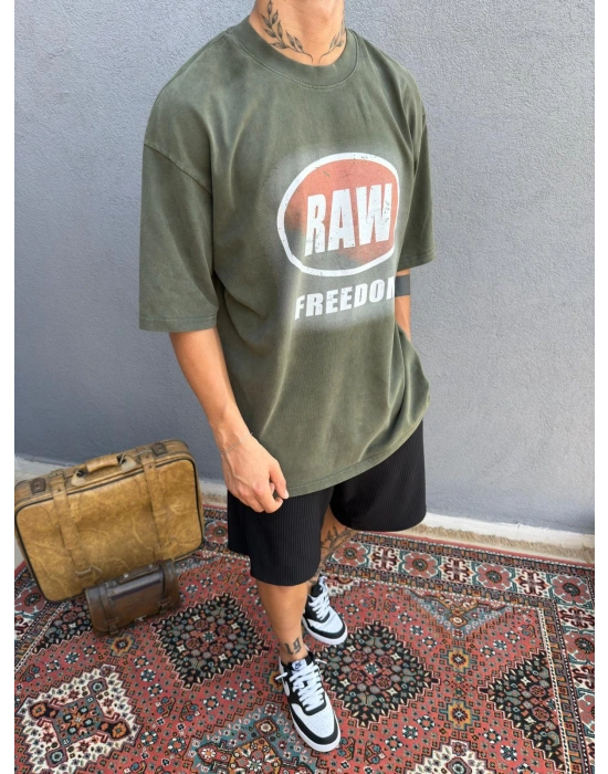 Yeşil Yıkamalı Baskılı Oversize T-Shirt