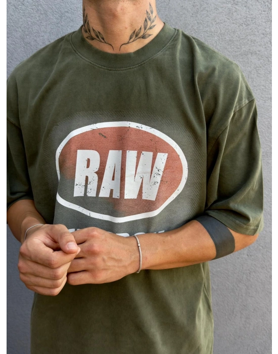 Yeşil Yıkamalı Baskılı Oversize T-Shirt