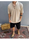 Bej İp Yaka Detay Jakar Kumaş T-Shirt