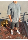 Gri Yıkamalı Sırt Detaylı Oversize T-Shirt