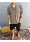 Kahve İp Yaka Detay Jakar Kumaş T-Shirt