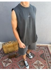 Koyu Gri Asit Yıkamalı Kolsuz T-Shirt