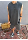 Koyu Gri Asit Yıkamalı Kolsuz T-Shirt