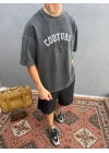 Koyu Gri Asit Yıkamalı Nakış Detaylı Oversize T-Shirt