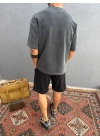 Koyu Gri Asit Yıkamalı Nakış Detaylı Oversize T-Shirt