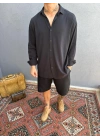 Siyah Krinkıl Keten Gömlek
