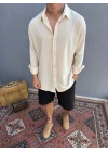 Krem Krinkıl Keten Gömlek