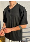Siyah Düğmeli Waffle Kumaş Rahat Kesim T-Shirt