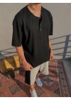 Siyah Düğmeli Waffle Kumaş Rahat Kesim T-Shirt