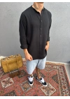 Siyah Hakim Yaka Yarım Oversize Keten Gömlek