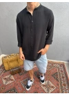 Siyah Hakim Yaka Yarım Oversize Keten Gömlek