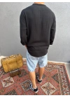 Siyah Hakim Yaka Yarım Oversize Keten Gömlek