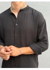 Siyah Hakim Yaka Yarım Oversize Keten Gömlek