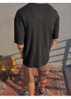 Siyah Yaka Detay Waffle Kumaş Rahat Kesim T-Shirt