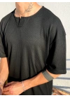Siyah Yaka Detay Waffle Kumaş Rahat Kesim T-Shirt