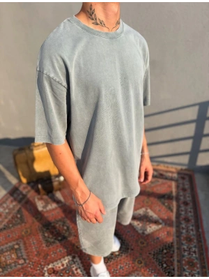 Açık Gri Asit Yıkamalı Oversize T-Shirt
