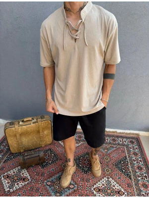 Bej İp Yaka Detay Jakar Kumaş T-Shirt