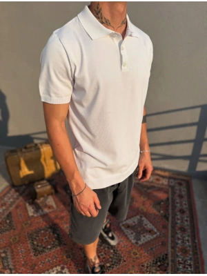 Beyaz Düğmeli Polo Yaka Triko T-Shirt