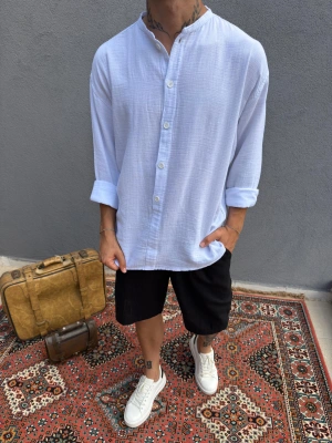 Beyaz Hakim Yaka Yarım Oversize Keten Gömlek