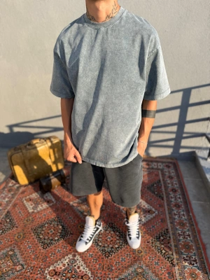 Gri Yıkamalı Sırt Detaylı Oversize T-Shirt