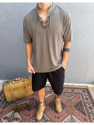 Kahve İp Yaka Detay Jakar Kumaş T-Shirt