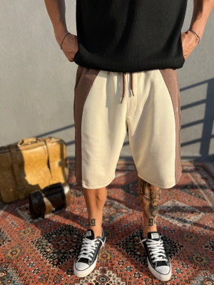 Kahve-Krem Doubleface Kumaş Şort