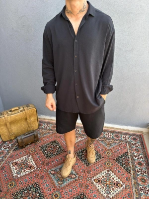 Siyah Krinkıl Keten Gömlek