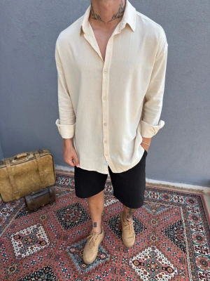 Krem Krinkıl Keten Gömlek
