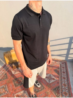 Siyah Düğmeli Polo Yaka Triko T-Shirt