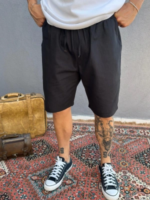 Siyah Keten Kumaş Şort