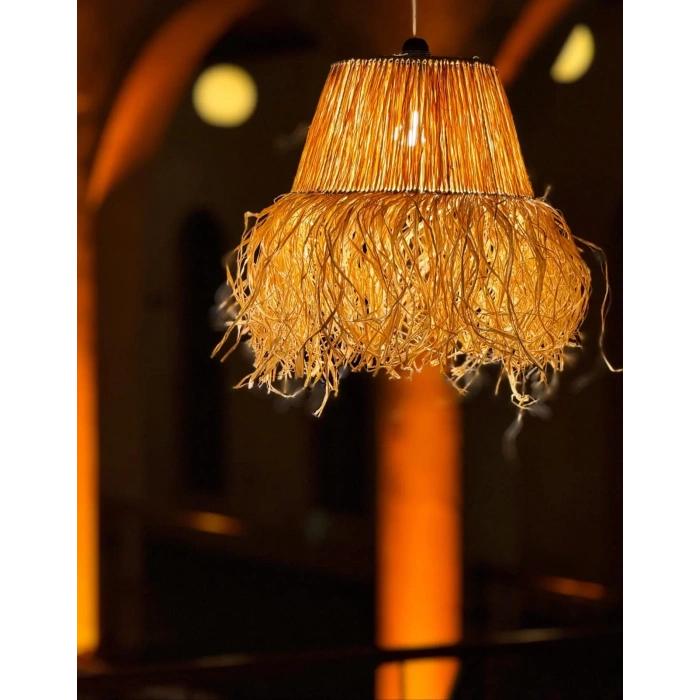 Hasır Doğal Saçaklı 30 cm Çap Dekoratif Rafya Avize