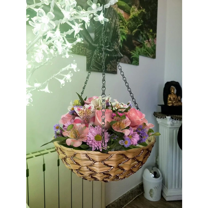 Kamış Hasır Balkon Bahçe Saksısı Dekoratif Saksı Metal Zincirli