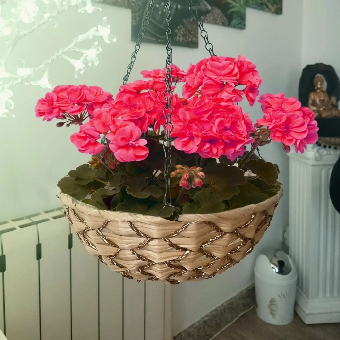 Kamış Hasır Balkon Bahçe Saksısı Dekoratif Saksı Metal Zincirli