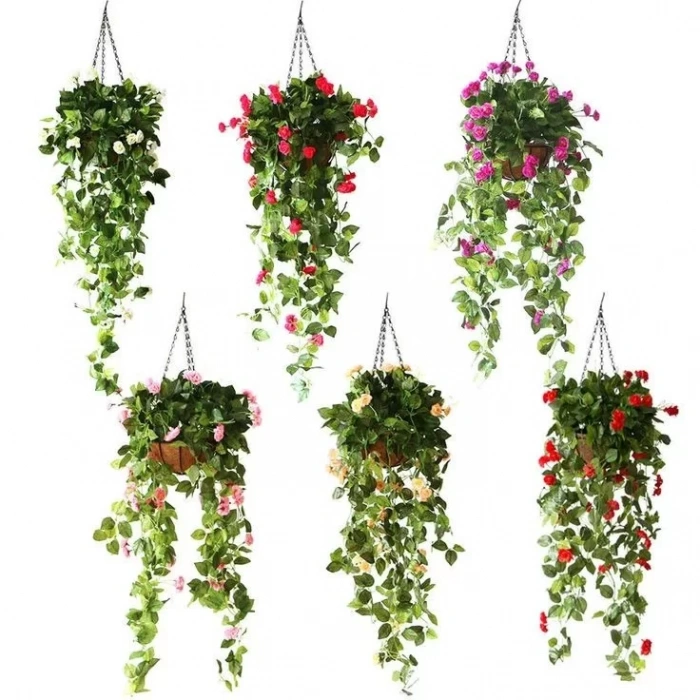 Kamış Hasır Balkon Bahçe Saksısı Dekoratif Saksı Metal Zincirli