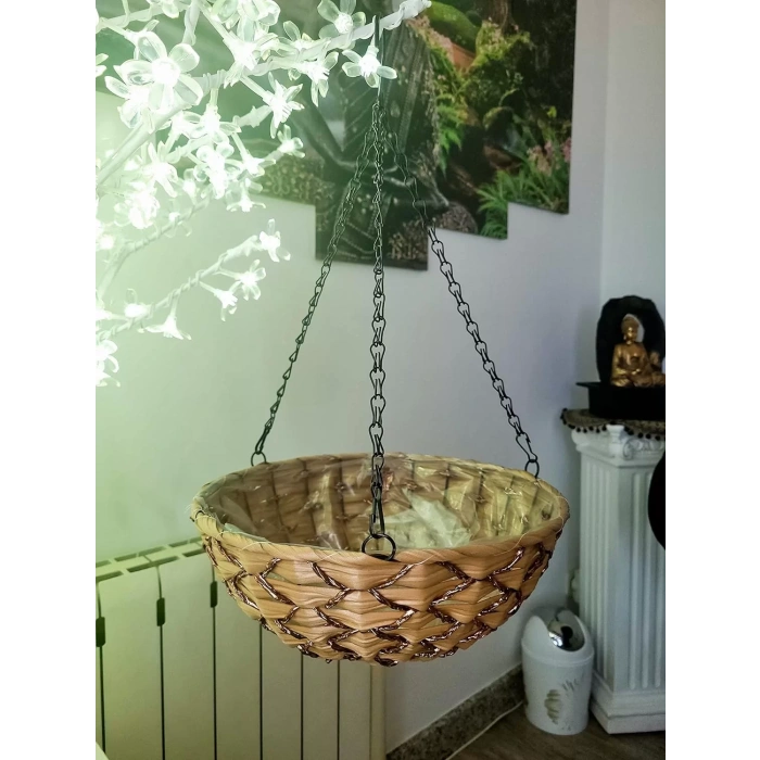 Kamış Hasır Balkon Bahçe Saksısı Dekoratif Saksı Metal Zincirli