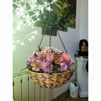 Kamış Hasır Balkon Bahçe Saksısı Dekoratif Saksı Metal Zincirli