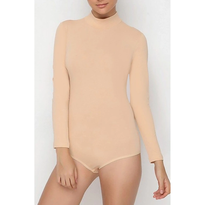 KADIN TEN RENGİ Uzun Kol Boğazlı Çıtçıtlı Body